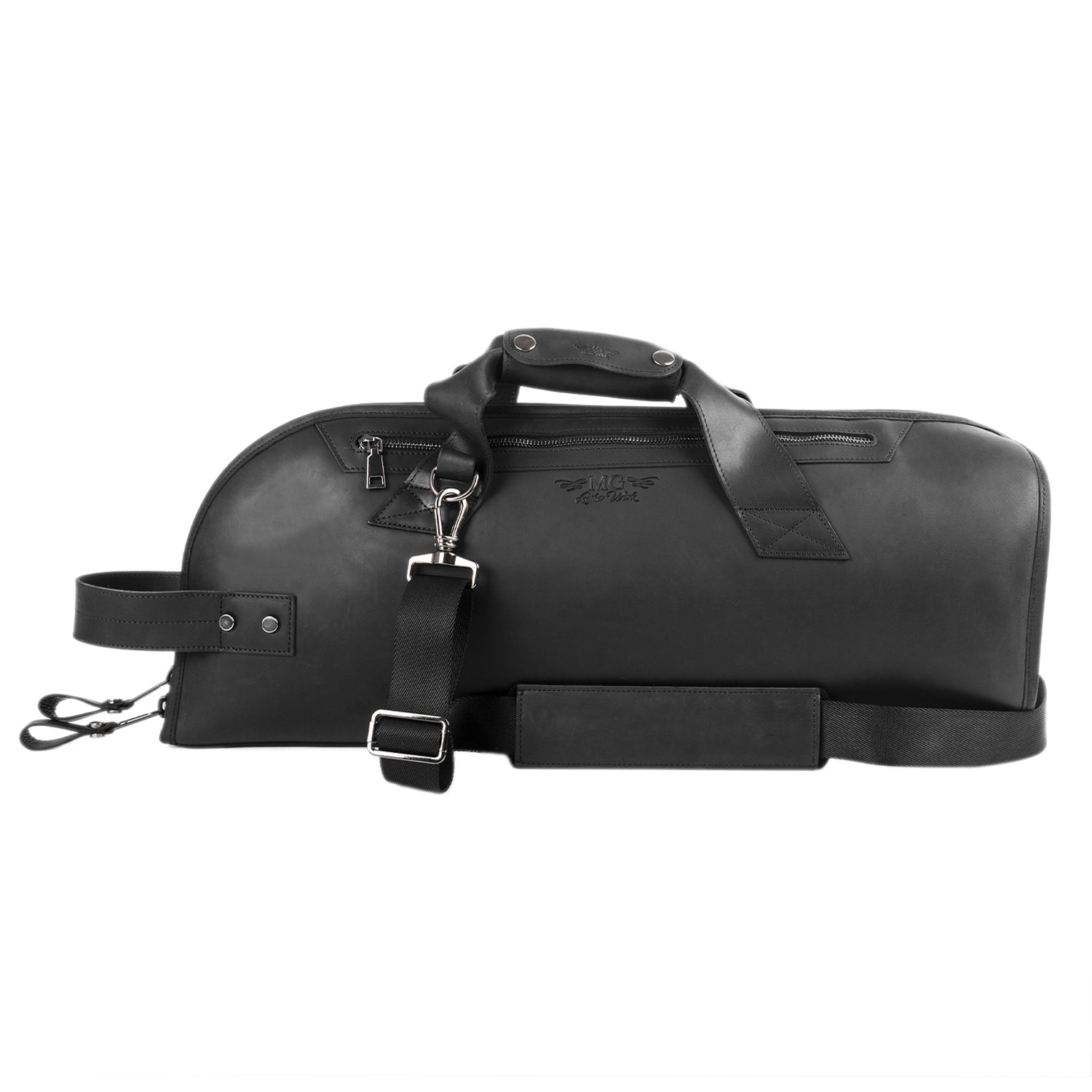 Trumpet Case in Crazy Horse black leather front view with detachable shoulder strap and MG Leather Work logo on pocket zipper side.