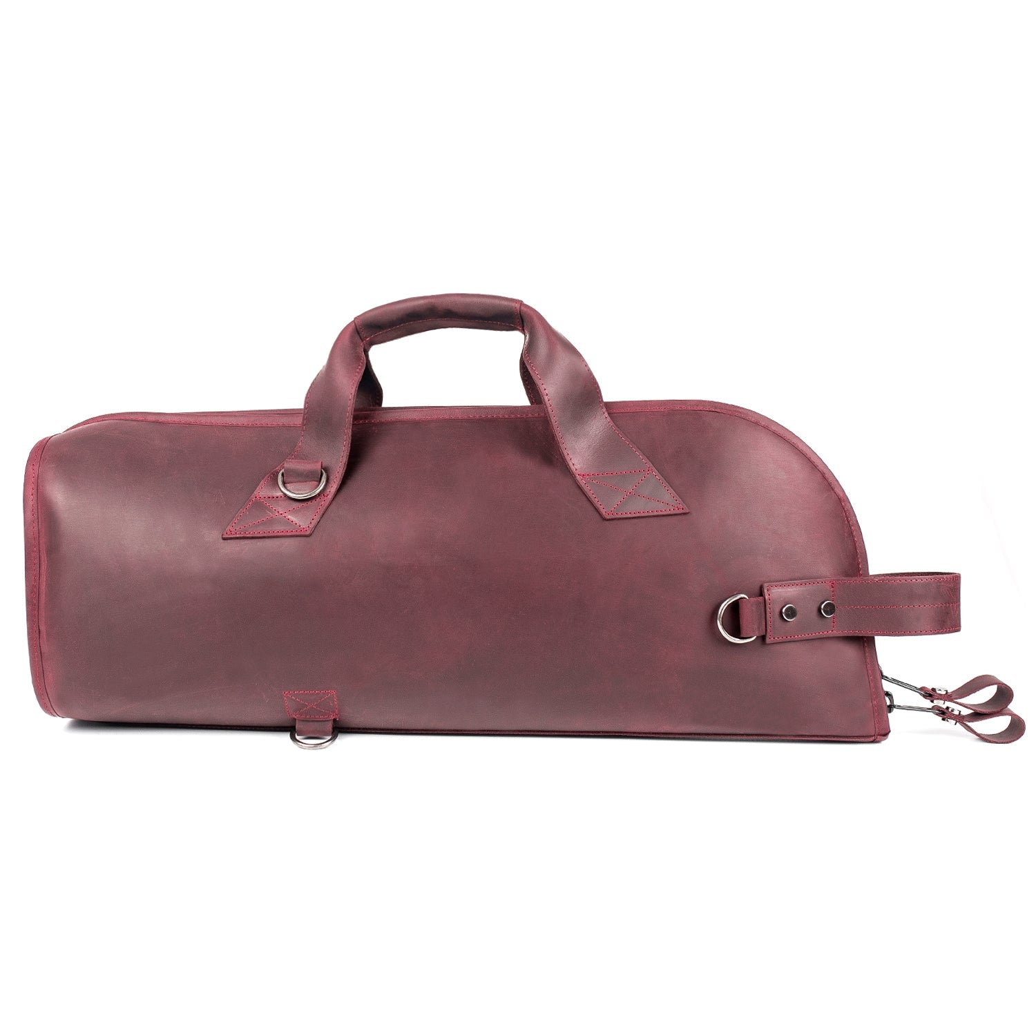 Back view of Trumpet Gig Bag in Crazy Horse Marsala leather with carry handle