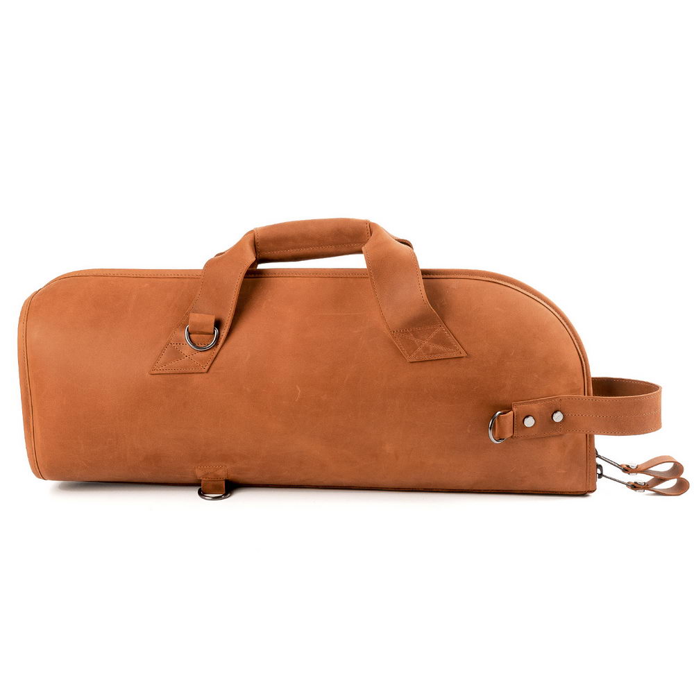 Trumpet Single Gig Bag Crazy Horse Leather Light Brown back view with three D-rings for strap attachment