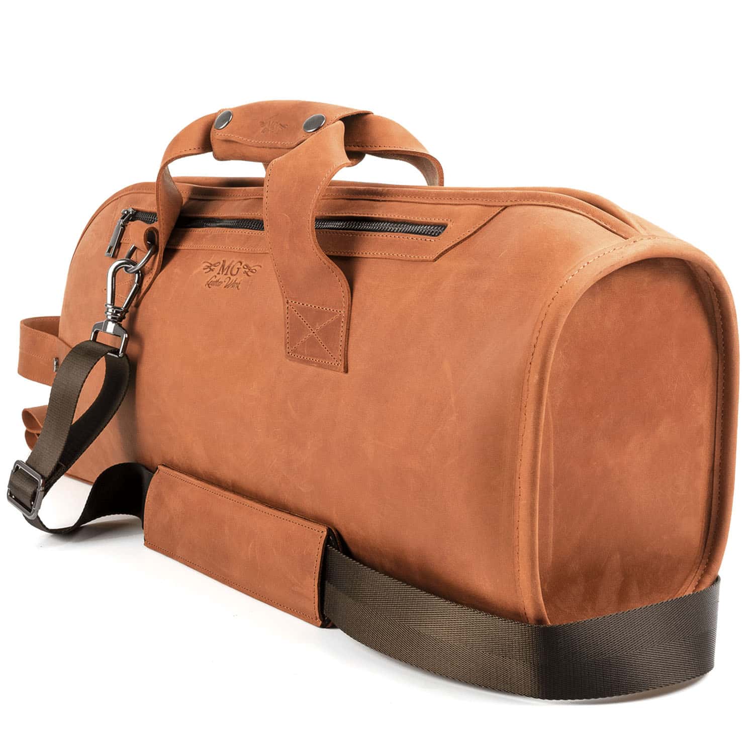 Trumpet Single Gig Bag Crazy Horse Leather Light Brown – semi side view with shoulder strap, reinforced bottom for bell protection