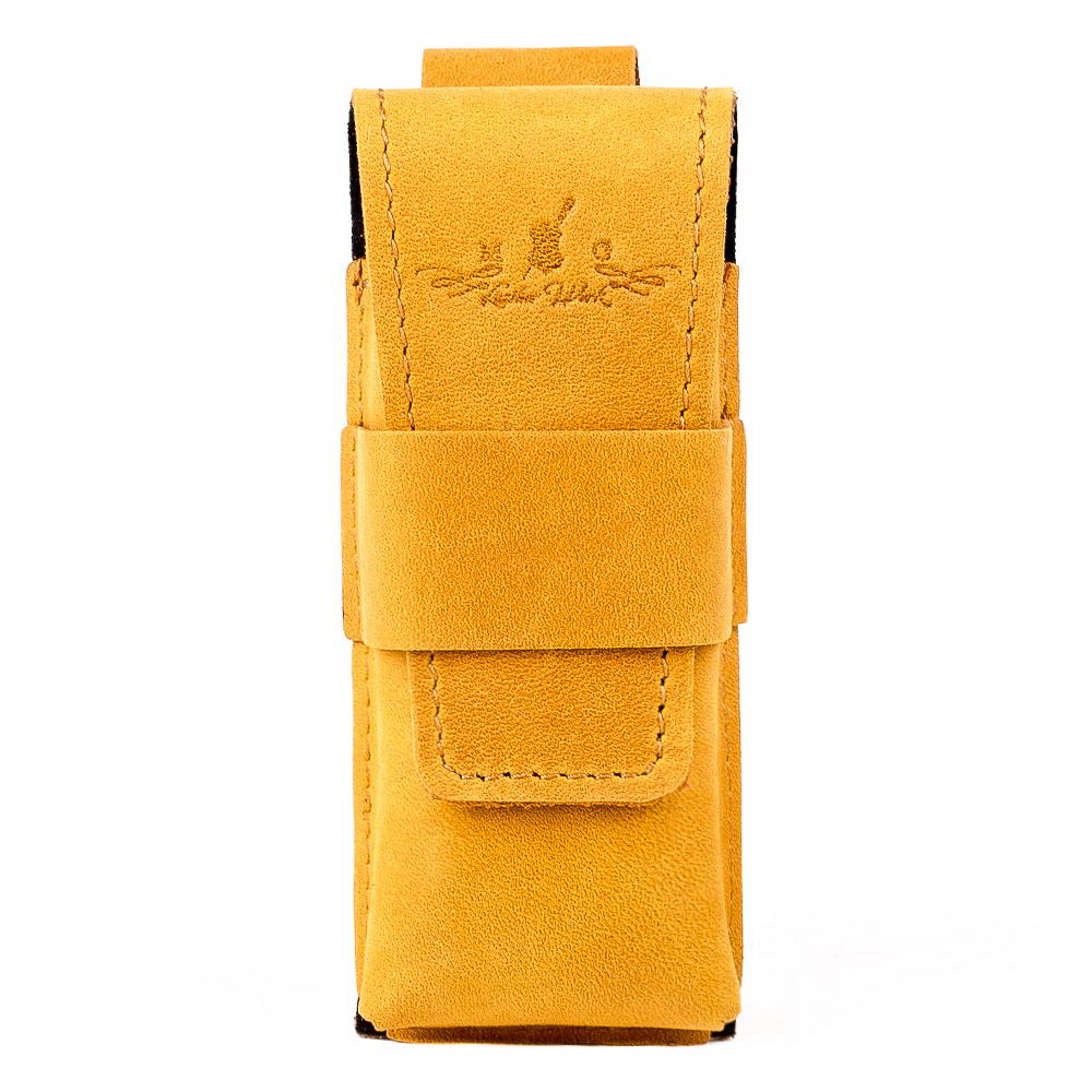 Front view of yellow harmonica leather case with reinforced flap closure.