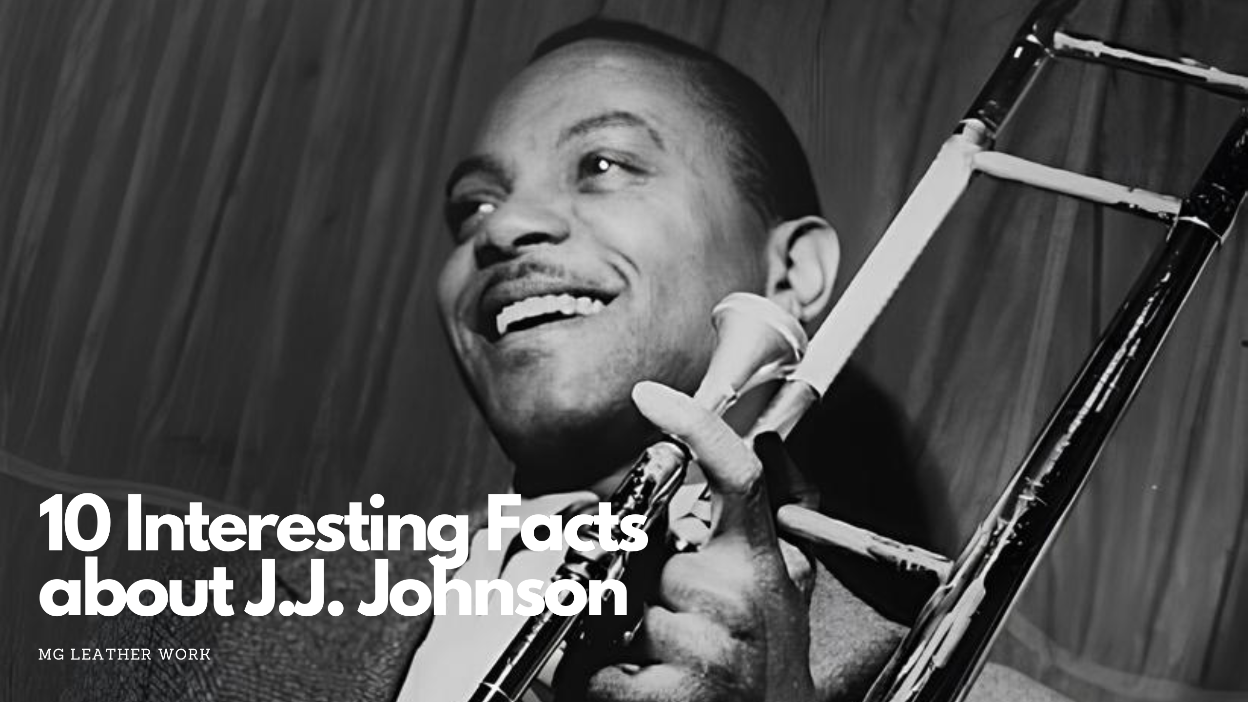 J. J. Johnson sitting with a trombone, laughing