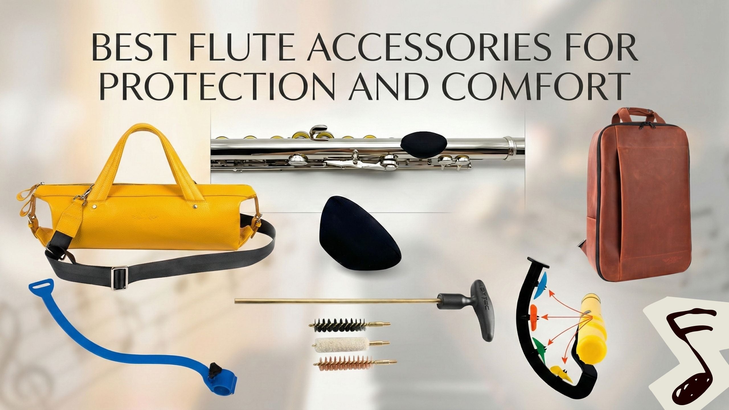 Flute accessories and protective gear including padded flute bags, cleaning rods, thumb rests, and tone-enhancing tools designed to improve comfort, safety, and sound quality for flute players.