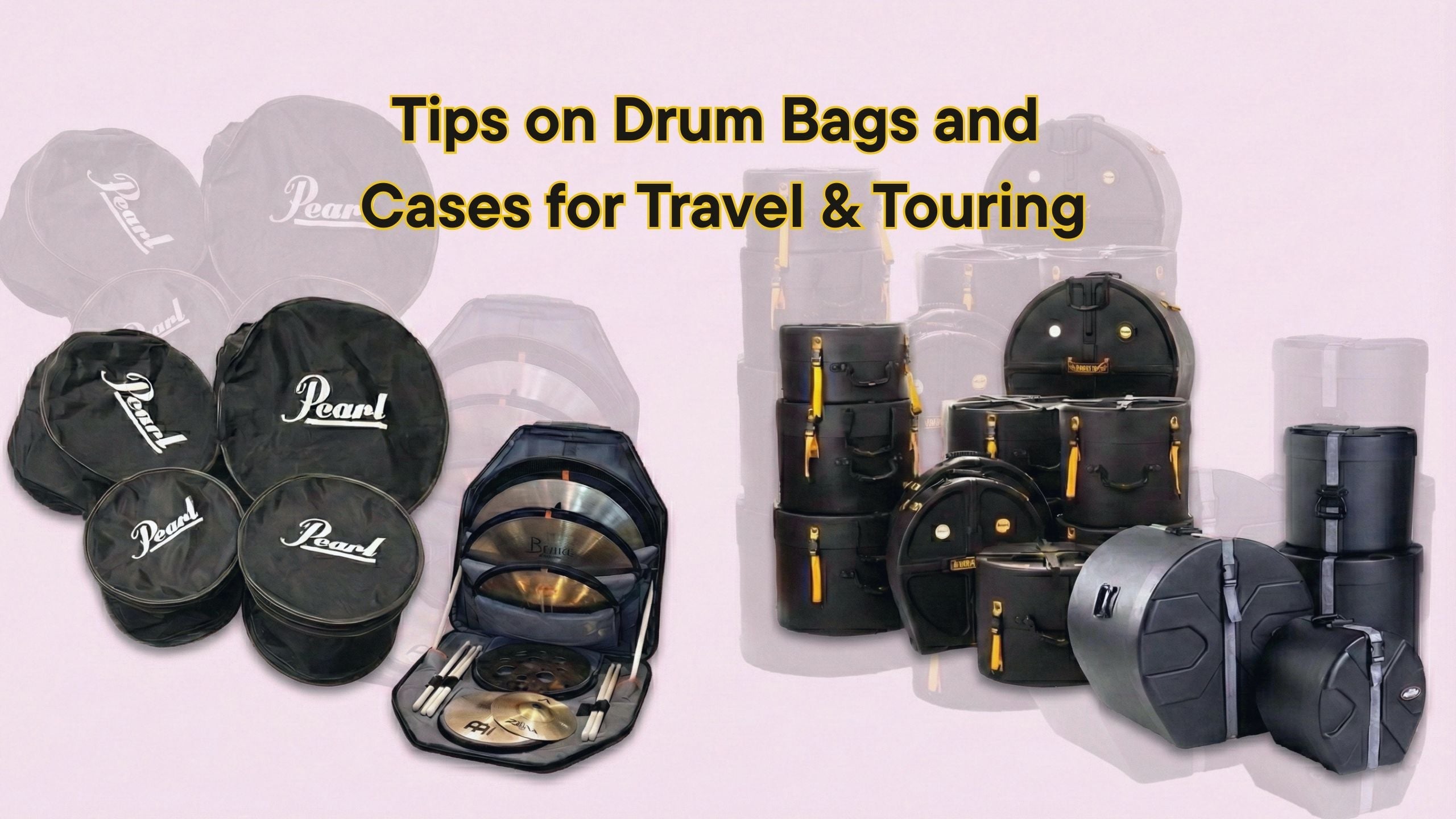 Drum bags and cases for travel and touring including hard cases, soft bags, cymbal bags, and drumstick bags used by drummers