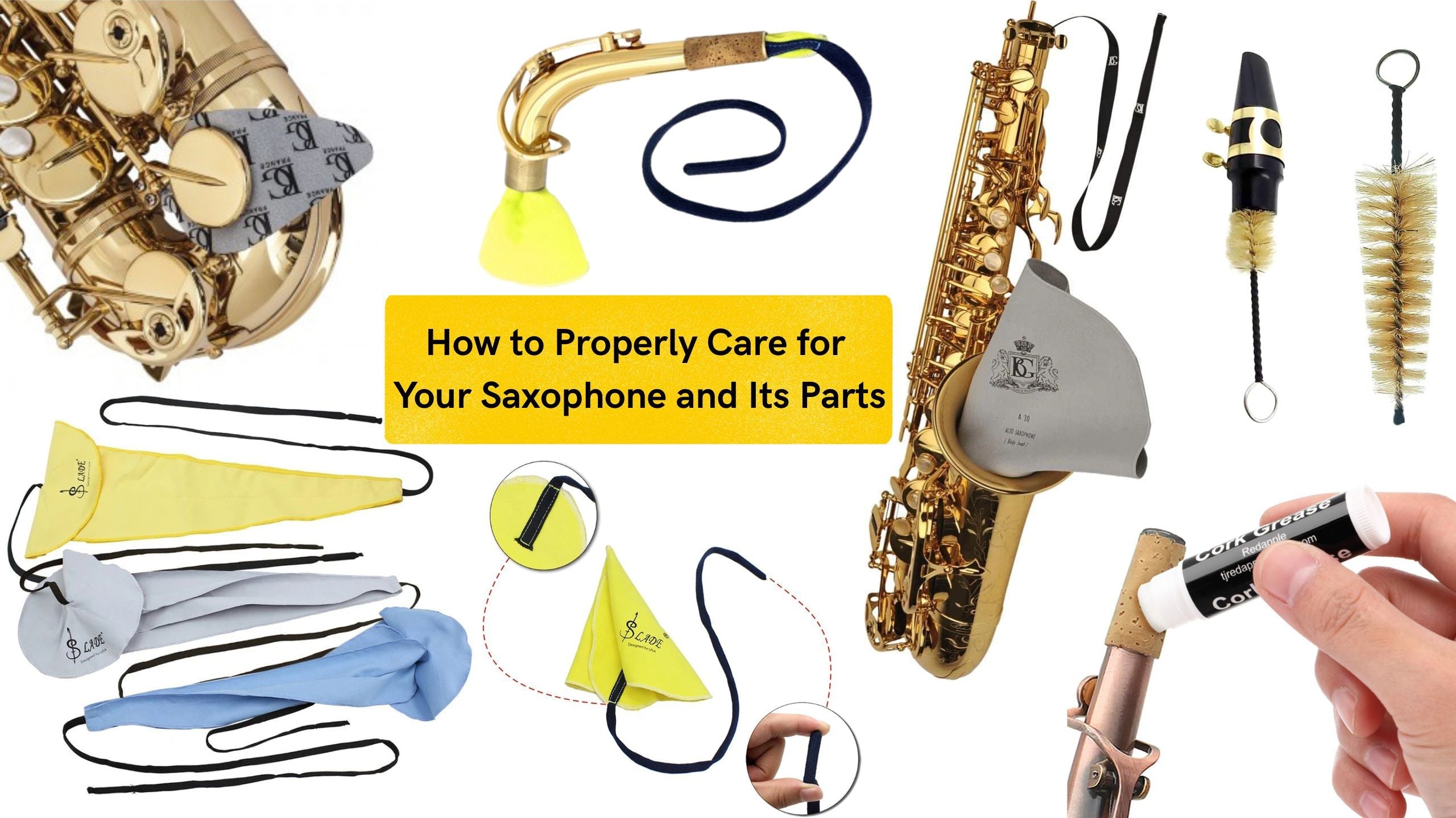 saxophone cleaning and maintenance accessories laid out for proper instrument care