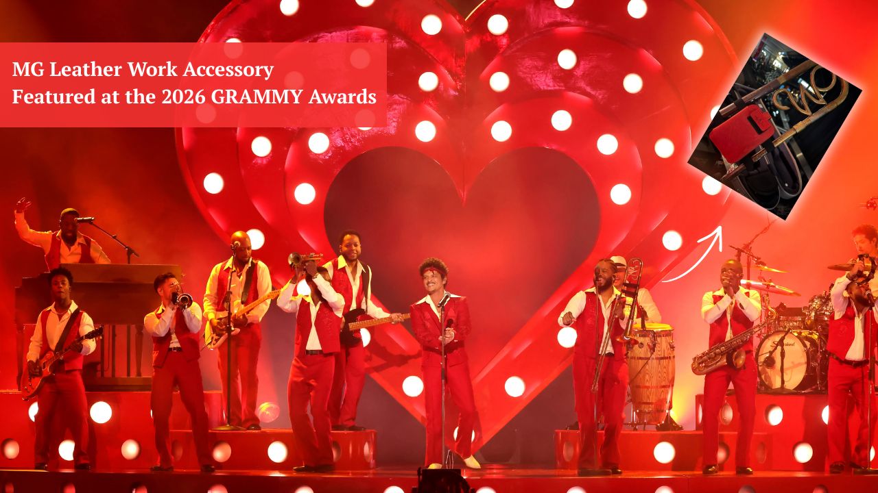 Trombone microphone transmitter holder used during the 2026 GRAMMY Awards live performance