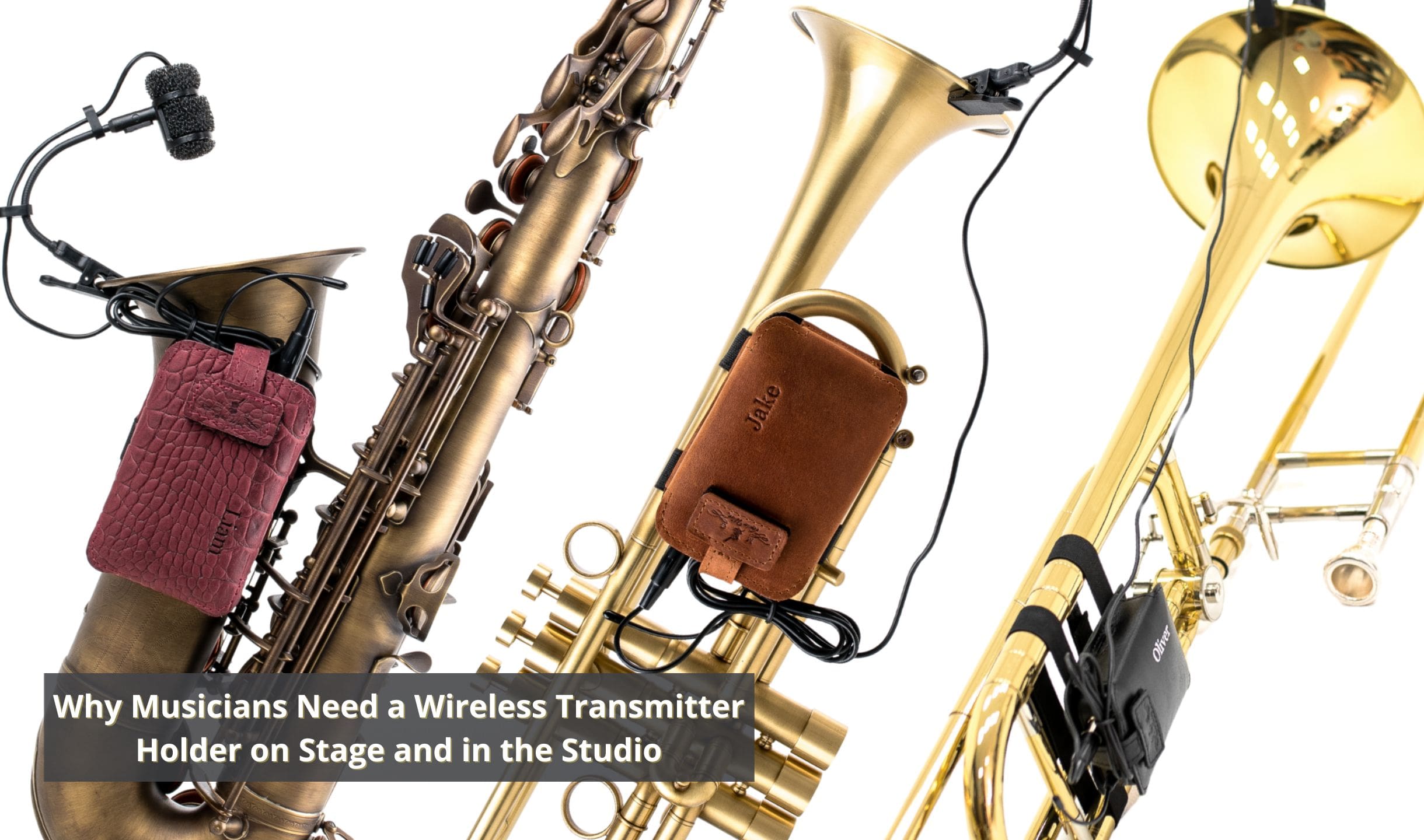 Genuine leather wireless microphone transmitter holder attached to a brass instrument for secure stage performance