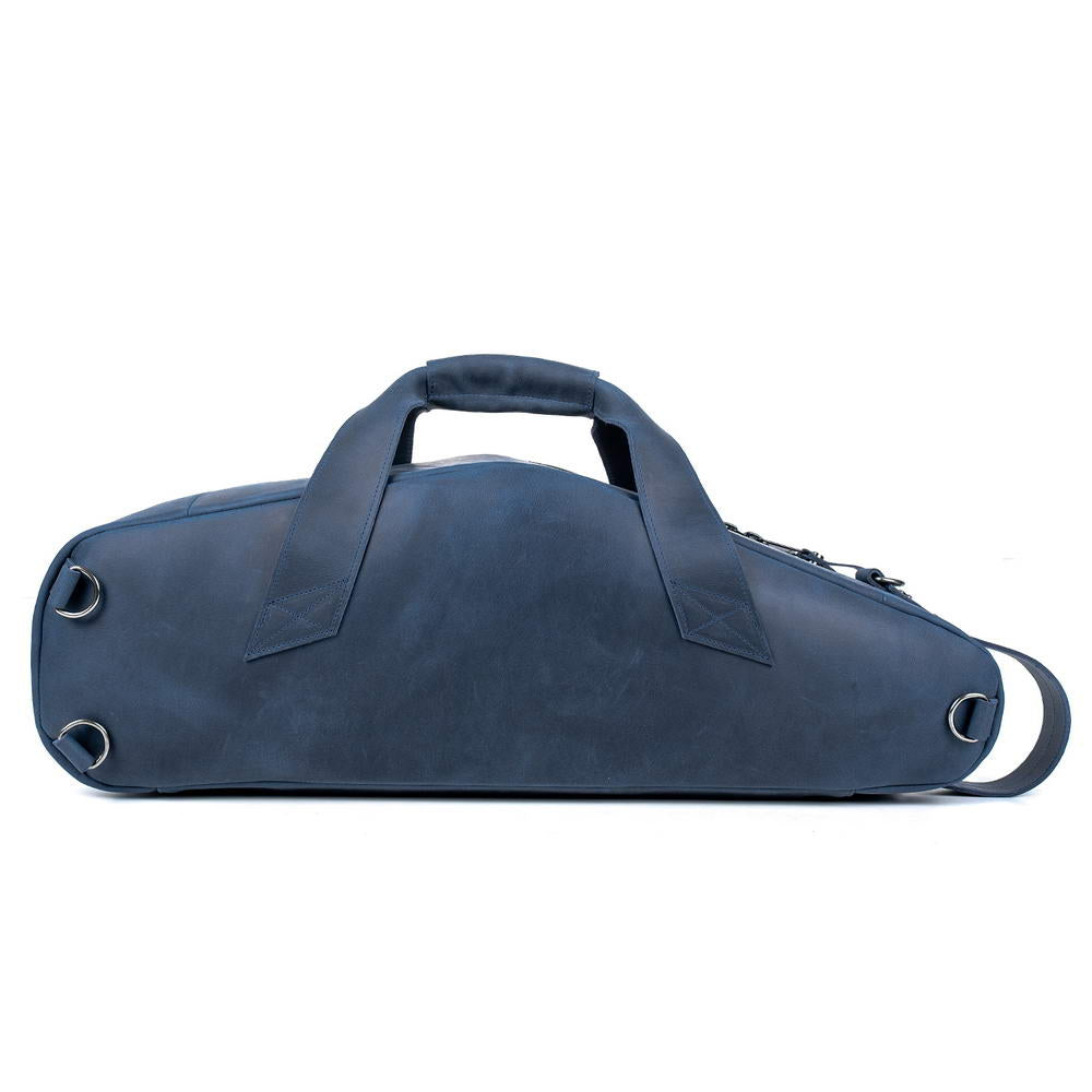 Back view of the MG Leather Work Alto Saxophone Gig Bag in Dark Blue Crazy Horse leather, showing D-rings. 