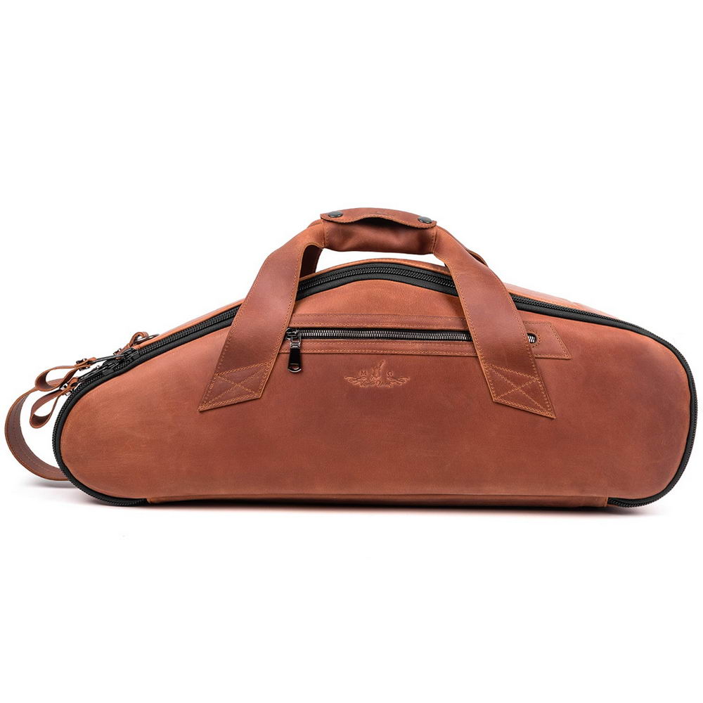 Front view of the MG Leather Work Alto Saxophone Gig Bag in Light Brown Crazy Horse leather, with pocket and handles.