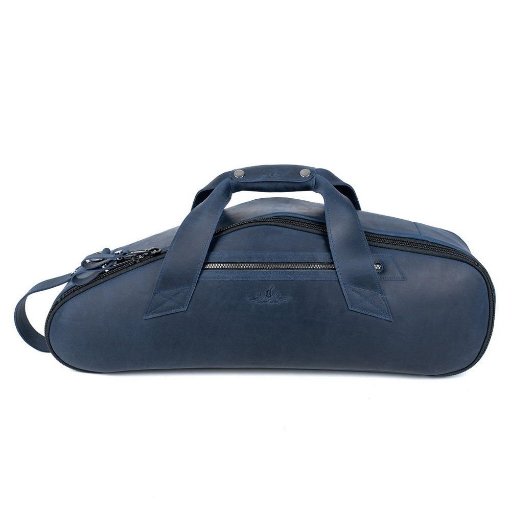 Front view of the MG Leather Work Alto Saxophone Gig Bag in Dark Blue Crazy Horse leather, with pocket and handles.