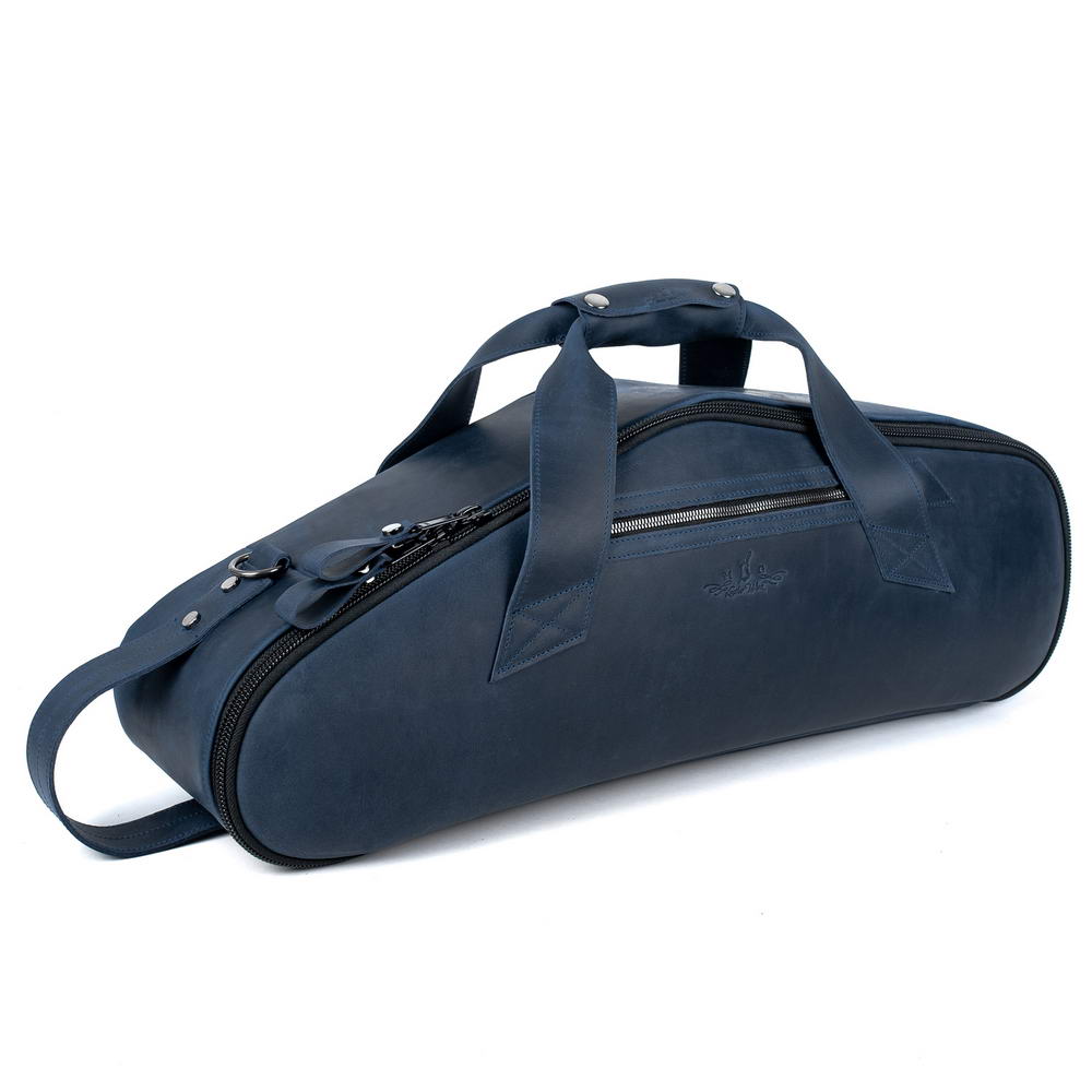 Left side view of the MG Leather Work Alto Saxophone Gig Bag in Dark Blue Crazy Horse leather, with pocket and handle.