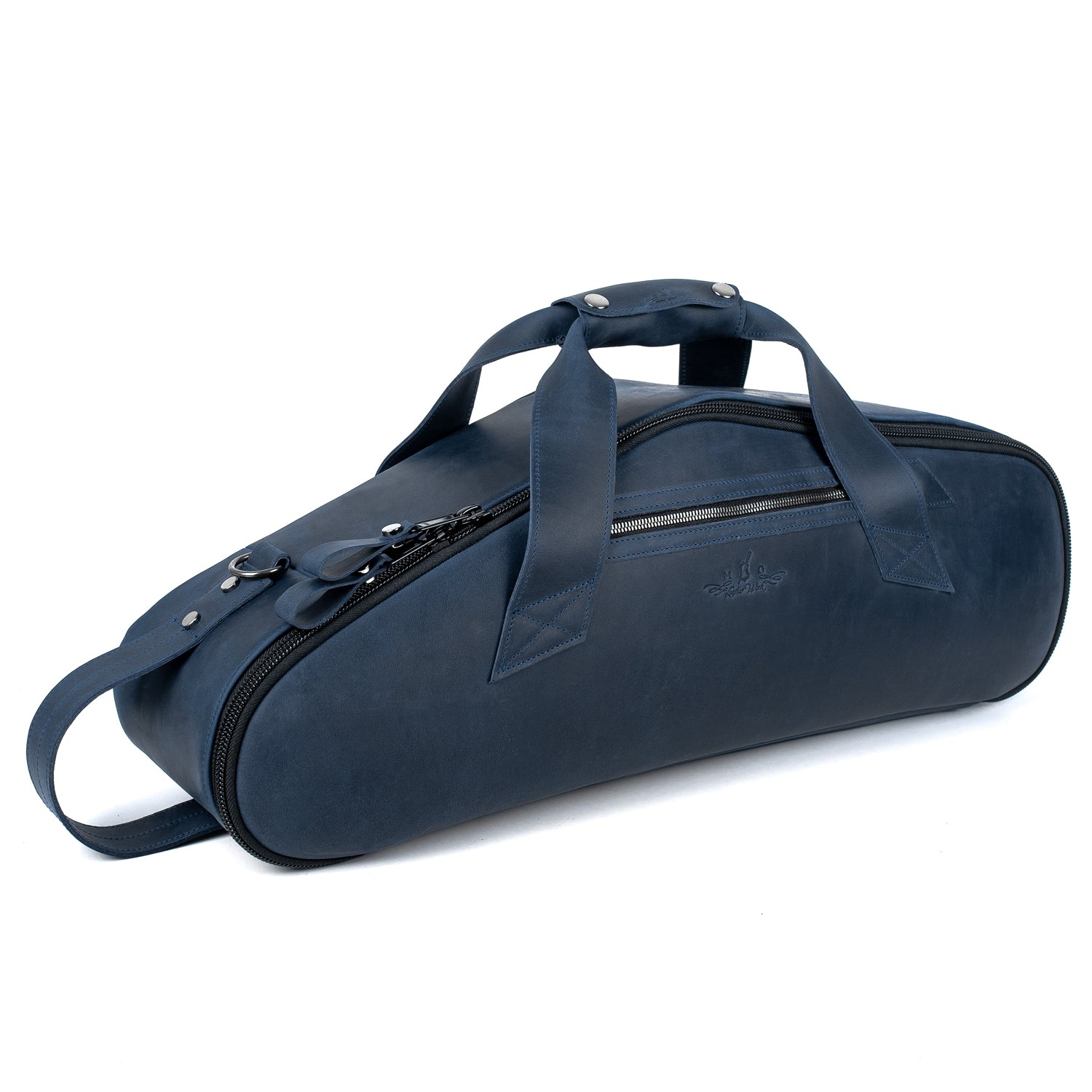 Right side view of the MG Leather Work Alto Saxophone Gig Bag in Dark Blue Crazy Horse leather, showing the side pocket and smooth YKK zippers for secure fastening.