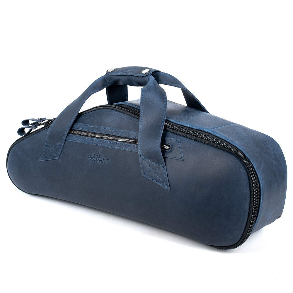 Right side view of the MG Leather Work Alto Saxophone Gig Bag in Dark Blue Crazy Horse leather, with pocket and handle.