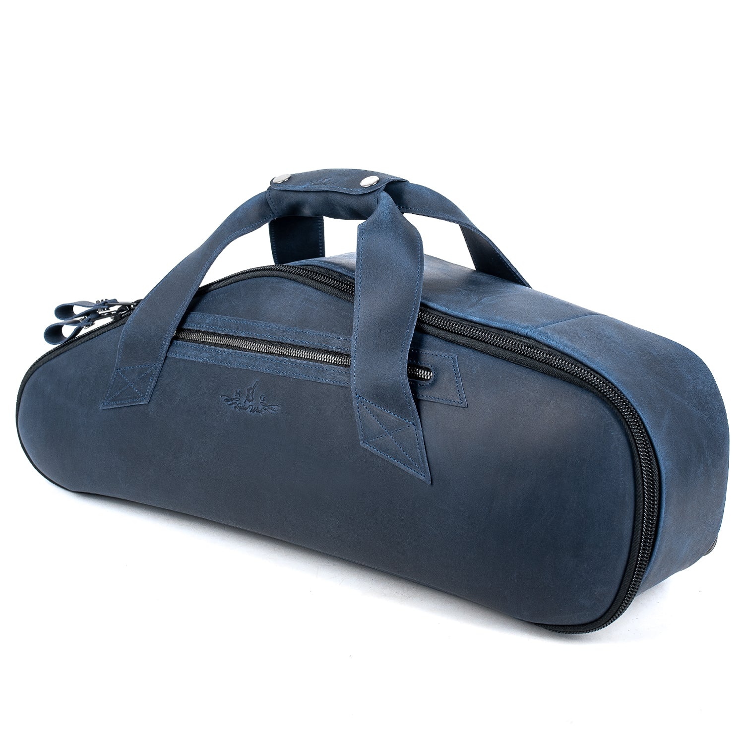 Left side view of the MG Leather Work Alto Saxophone Gig Bag in Dark Blue Crazy Horse leather, designed with a side pocket and ergonomic carry handle for easy handling.