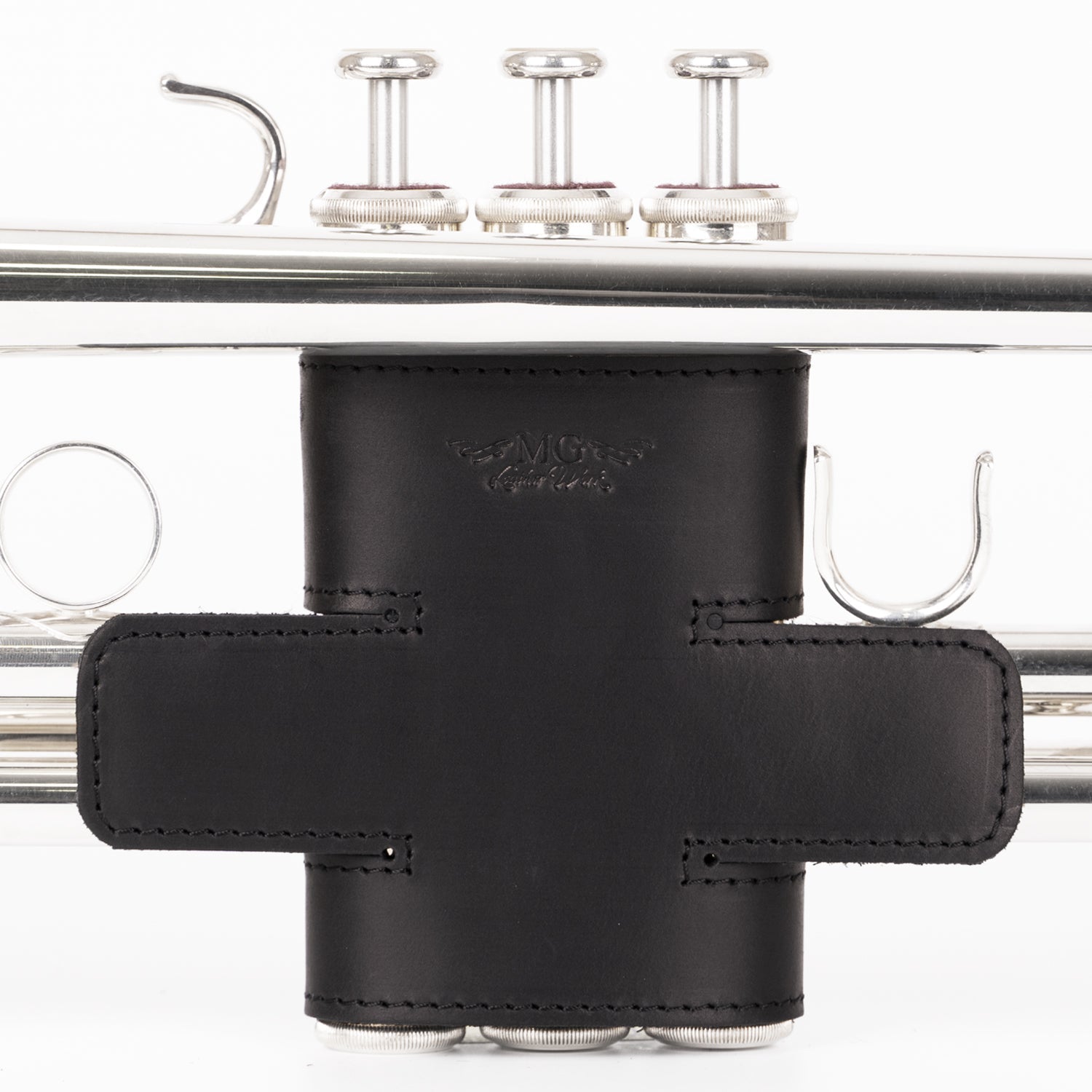Front side view of black Crazy Horse leather Trumpet Valve Protector size L on instrument