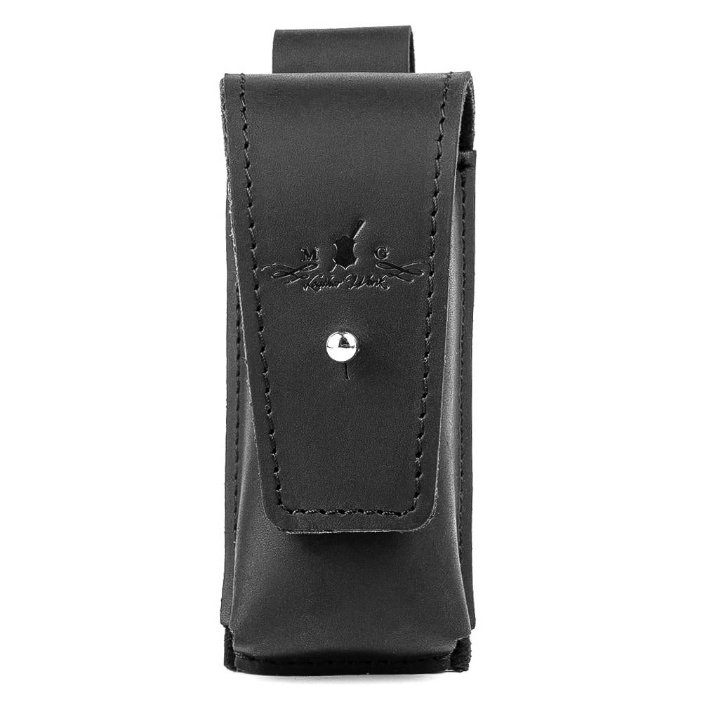Front shot of black leather harmonica case with durable holster clasp fastening