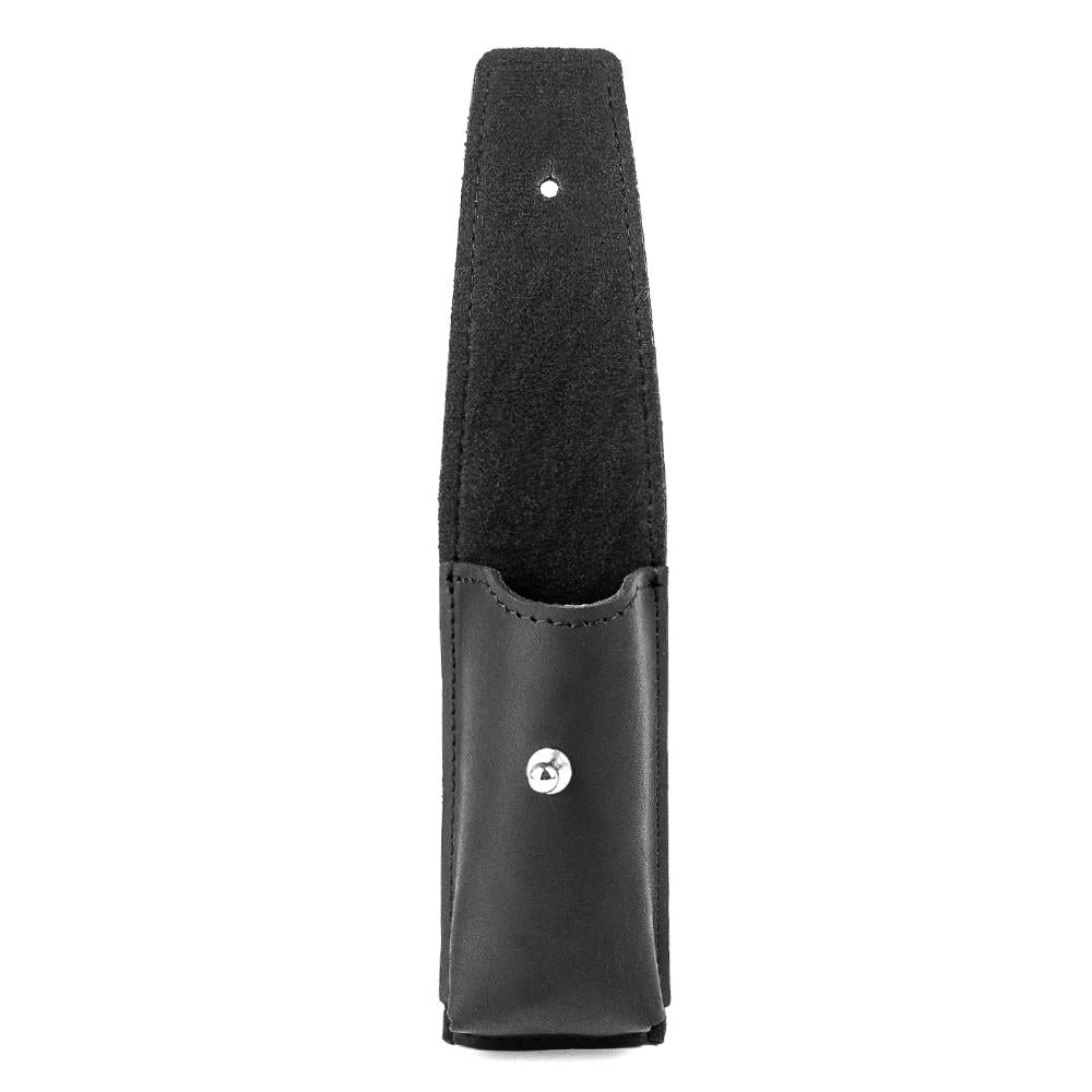Black leather harmonica holster clasp with open flap, showing spacious interior