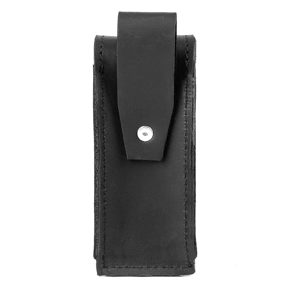 Rear belt loop view of black leather harmonica case for secure on-stage carrying