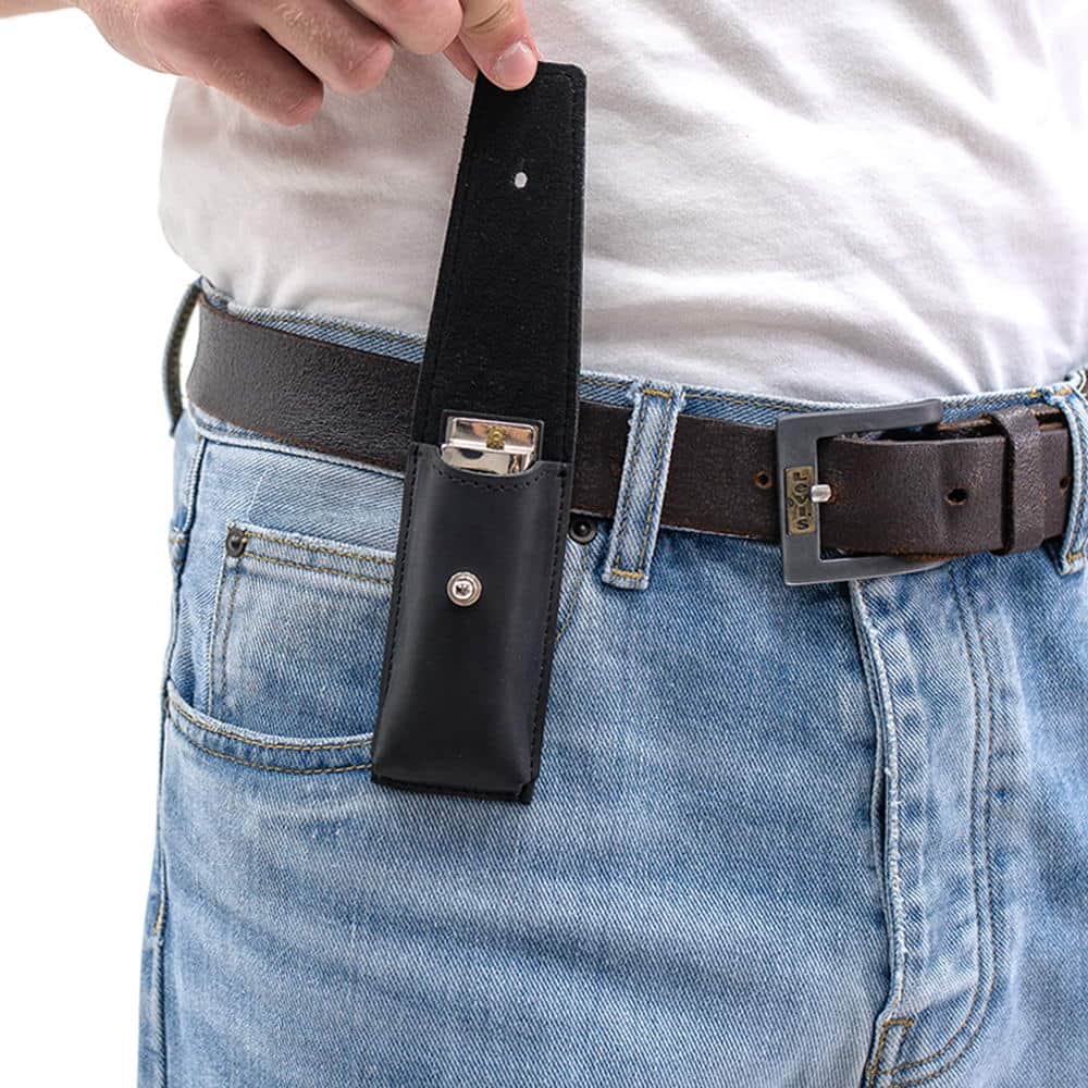 Black leather harmonica case with holster clasp, harmonica securely stored inside
