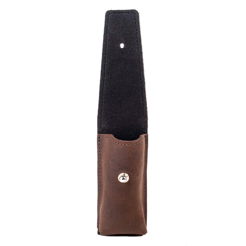 Open brown leather harmonica case with holster clasp, empty interior lined with soft fabric