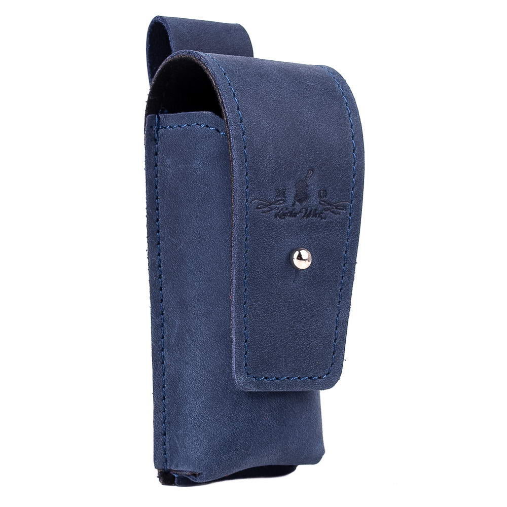 Side perspective of dark blue leather harmonica pouch, featuring holster clasp closure