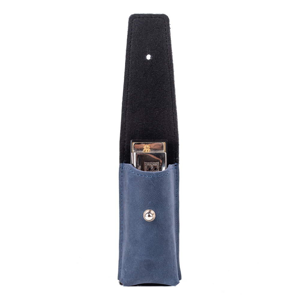 Dark blue leather harmonica case with holster clasp, harmonica securely stored inside