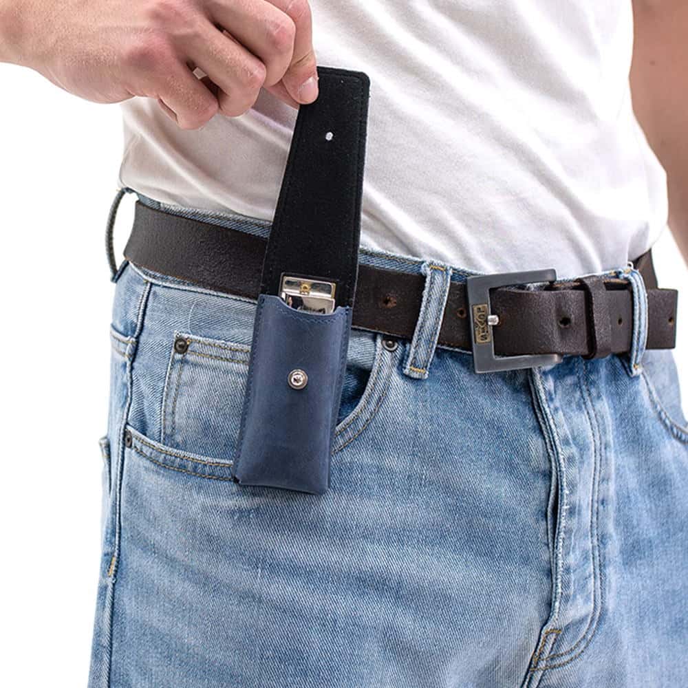 Dark Blue leather harmonica holder on belt with flap open, harmonica inside