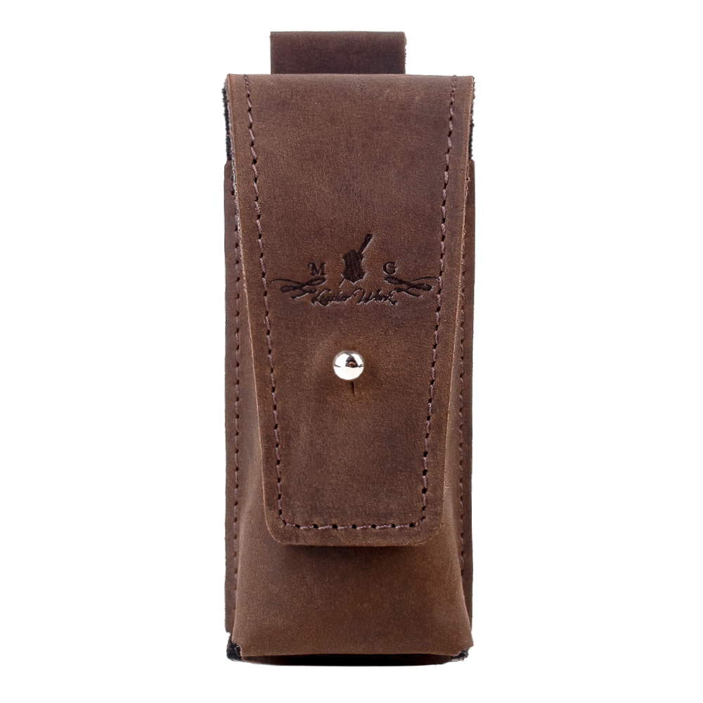 Front view of brown leather harmonica case with holster clasp, handmade for musicians