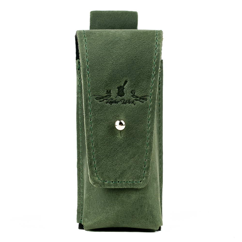 Front view of green Crazy Horse leather harmonica case with Holster Clasp and MG Leather Work logo.