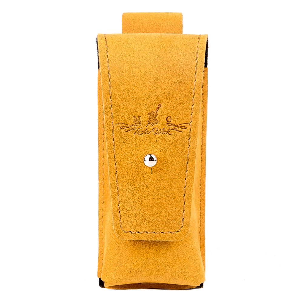 Front view of yellow Crazy Horse leather harmonica case with Holster Clasp and MG Leather Work logo
