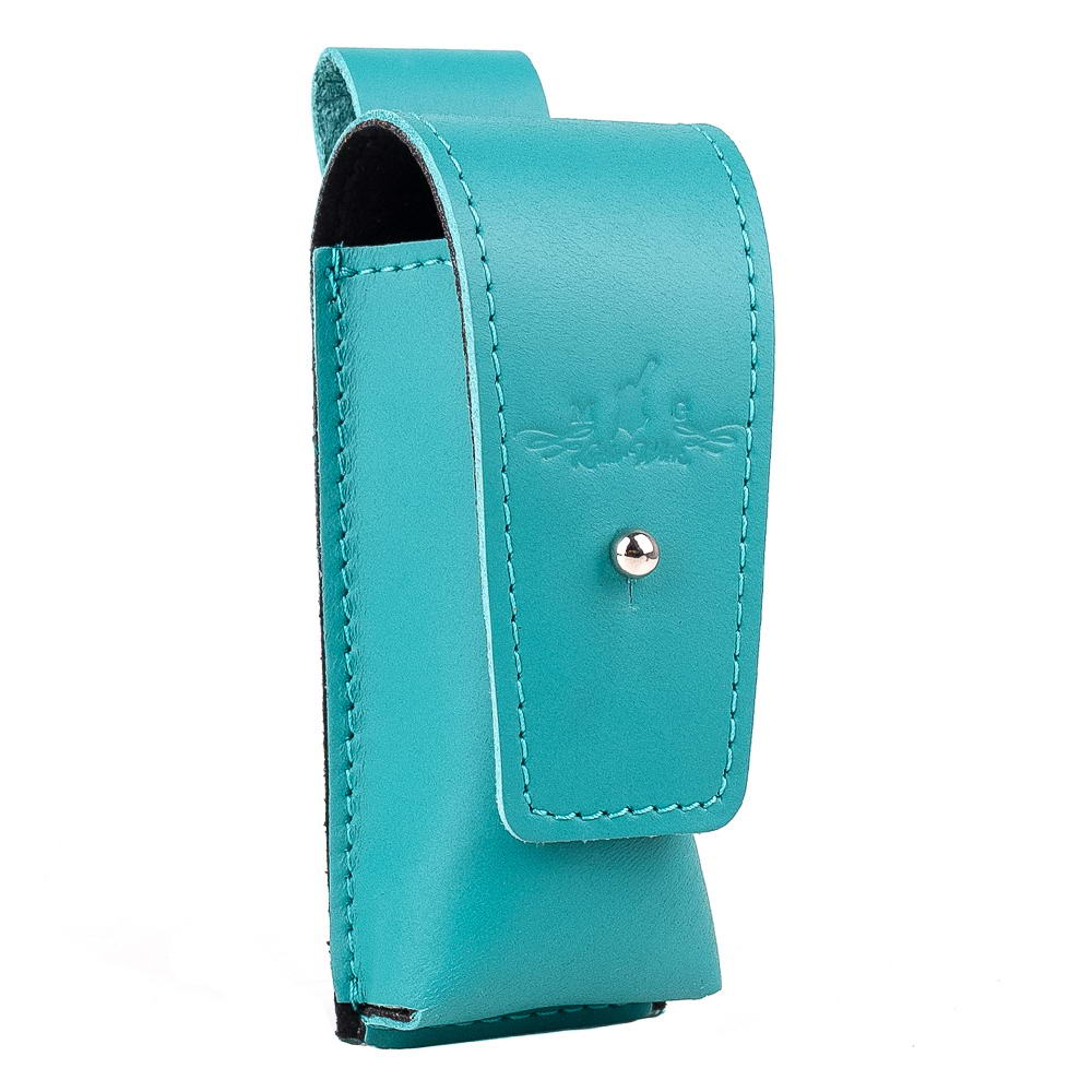 Side angle of Tiffany leather harmonica holster clasp case for musicians and collectors