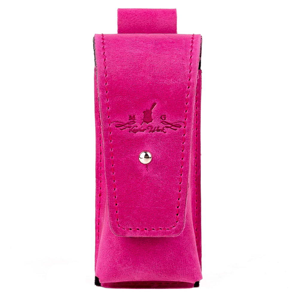 Front view of bright pink Crazy Horse leather harmonica holster with snap button closure