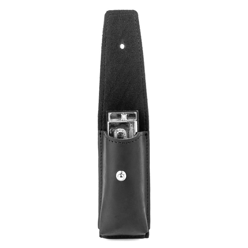 Black leather harmonica holster clasp with harmonica inside for demonstration of storage fit