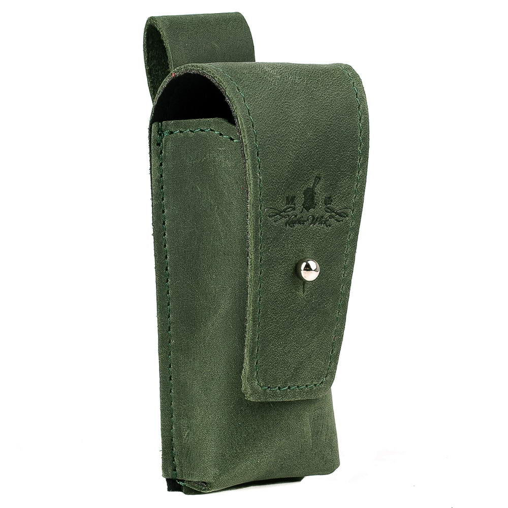 Angled front view of green leather harmonica pouch with Holster Clasp cover and belt loop.