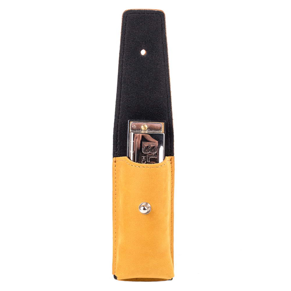 Yellow Crazy Horse leather harmonica pouch with harmonica inside, flap open