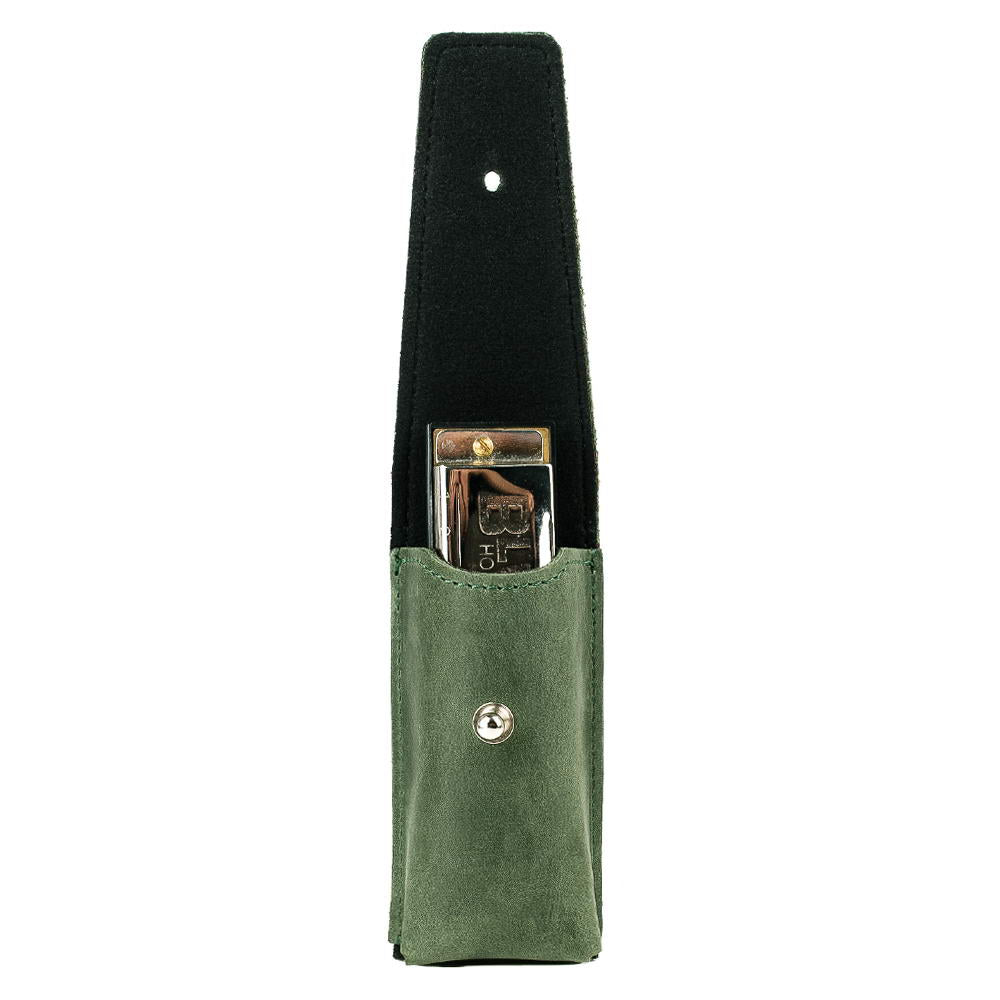 Green Crazy Horse leather harmonica pouch with harmonica inside, flap open