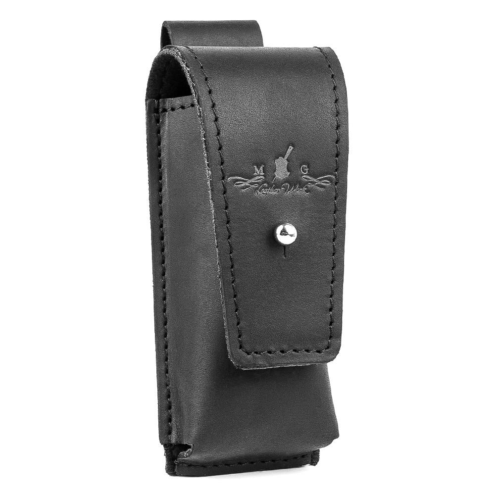 Side profile view of black leather harmonica holster clasp case, perfect for performers