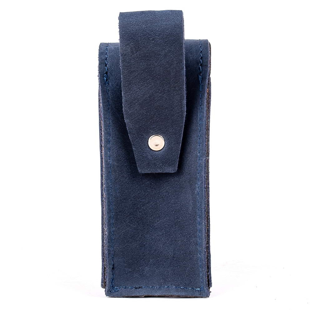 Back view of dark blue harmonica pouch with holster clasp and durable belt loop