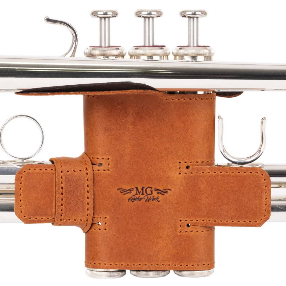 Trumpet fitted with XL Valve Guard crafted from Light Brown Crazy Horse leather — front side