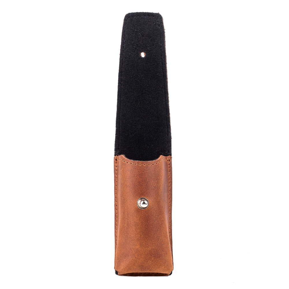 handmade light brown leather harmonica holster with reinforced flap and secure clasp