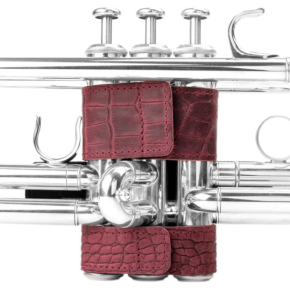 Trumpet fitted with Hand Guard L crafted from Marsala reptile pattern leather — front side look