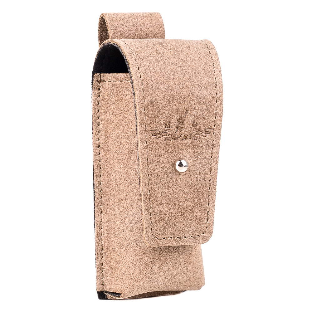 Angled view of sand-colored Crazy Horse leather harmonica case with MG logo embossing