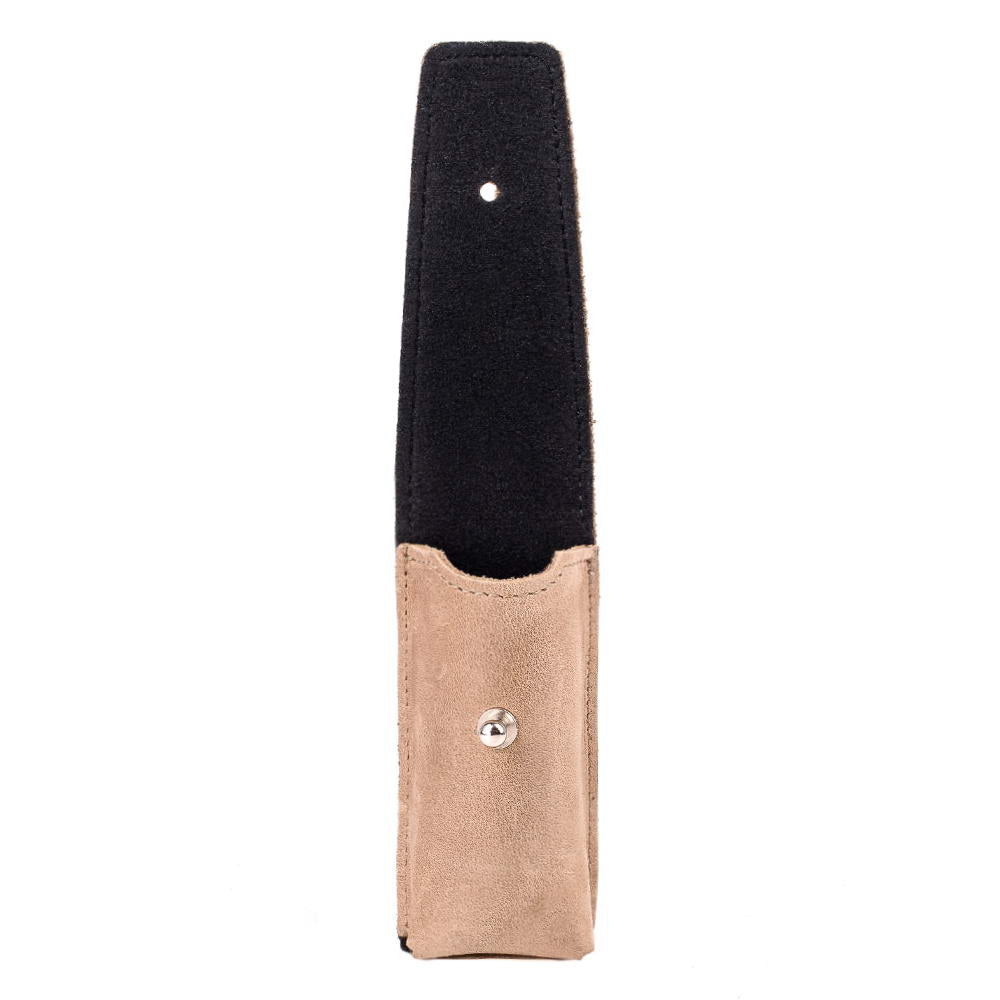 Open sand-colored Crazy Horse leather harmonica pouch showing the interior lining