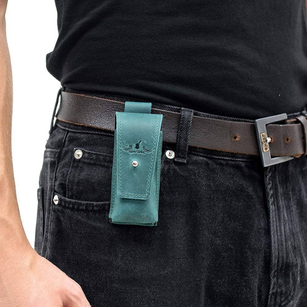 Opal green leather harmonica holster with metal belt clip and snap clasp for secure carrying