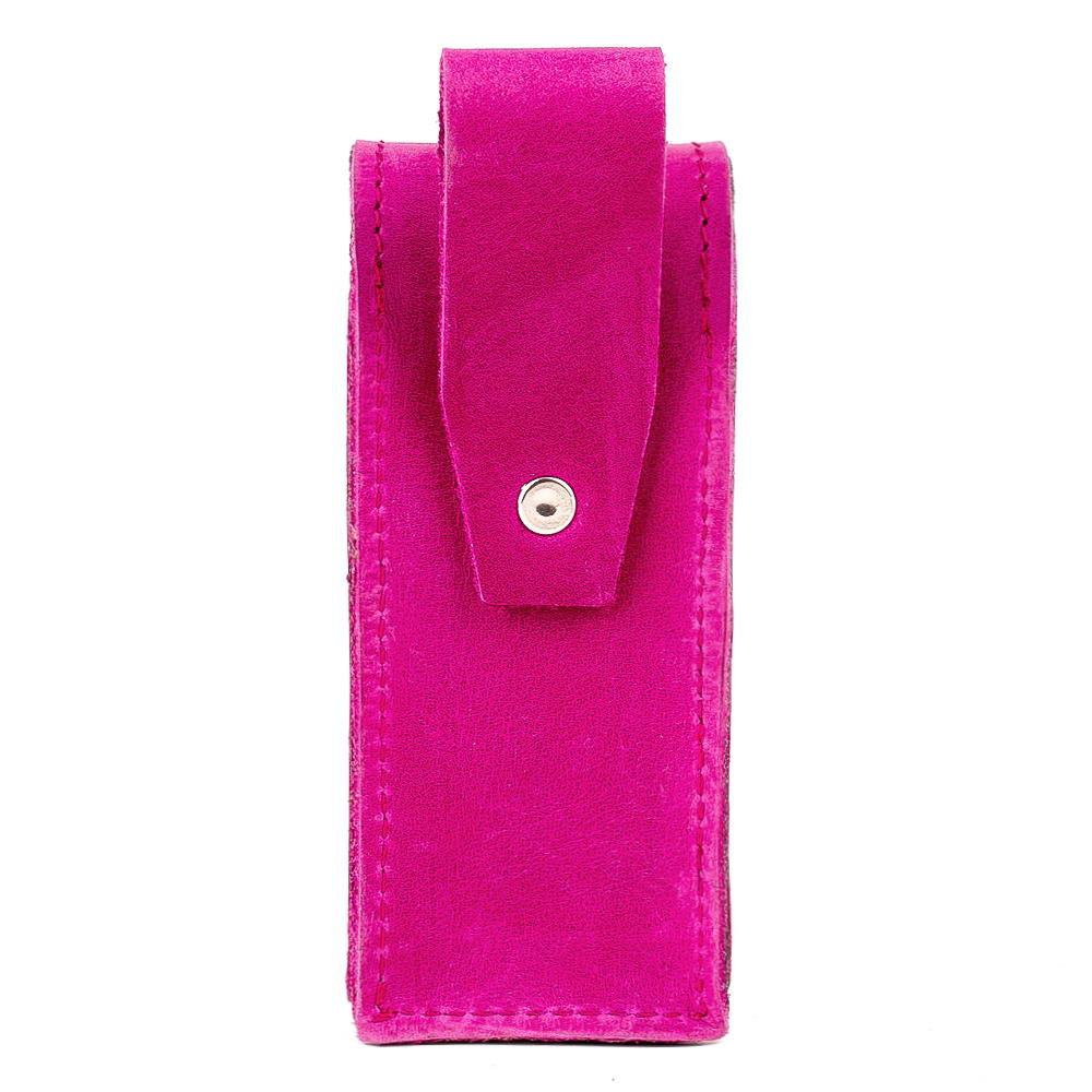 Back side of bright pink Crazy Horse leather harmonica holster with belt loop attachment