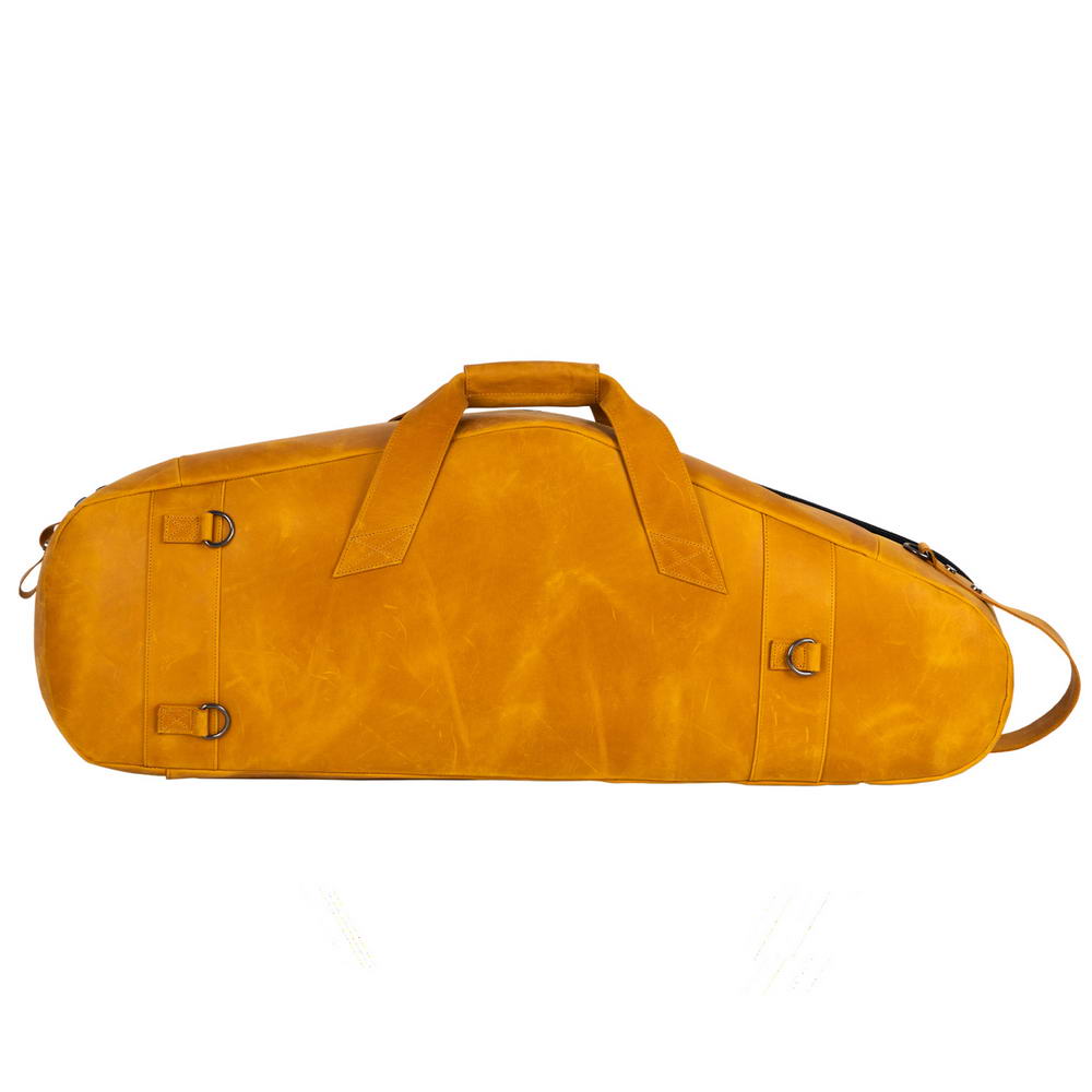 Back view of the MG Leather Work Tenor Saxophone Gig Bag in Light Brown Crazy Horse Leather, with D-rings and carry handles 