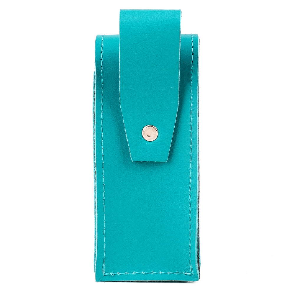 Back view of Tiffany leather harmonica case showing belt loop attachment for easy carrying