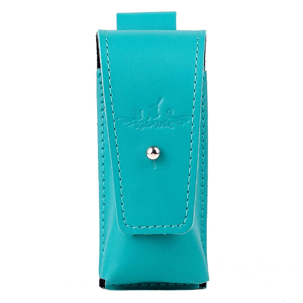 Front view of Tiffany color leather harmonica case with secure holster clasp closure
