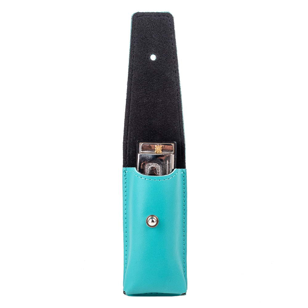 Tiffany leather harmonica holster clasp case with harmonica inserted, showing fit and protection