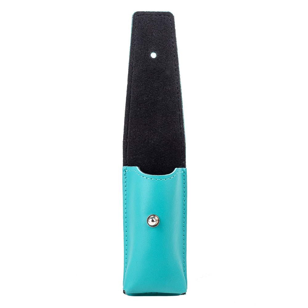 Open flap view of Tiffany leather harmonica holster clasp with black interior lining